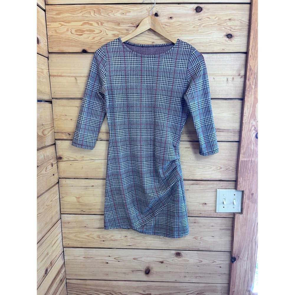 Plaid Side Ruched Mini Dress Grey Red‎ Windowpane 3/4 Sleeve Asymmetrical Hem